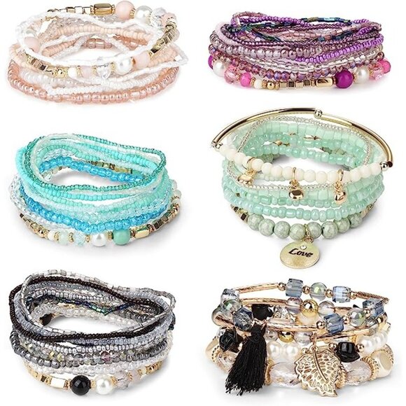 FIBO STEEL 6 Sets Bohemian Stackable Bead Bracelets for Women Stretch Mu… - Picture 1 of 5